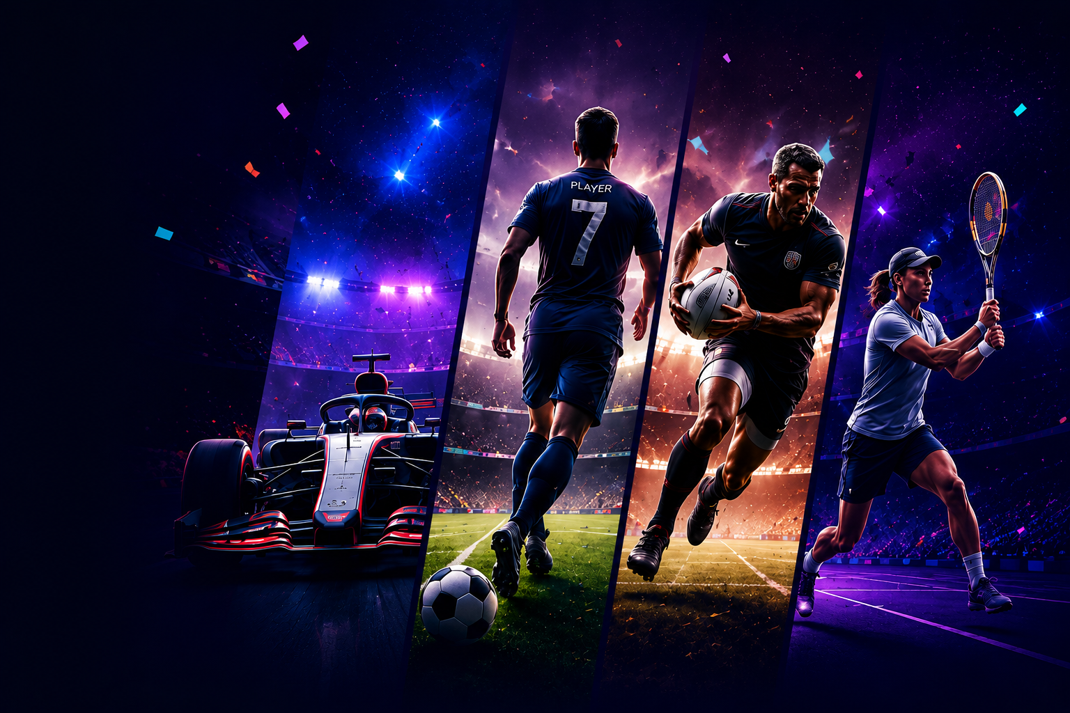 Multi-sport neon collage with race car and athletes